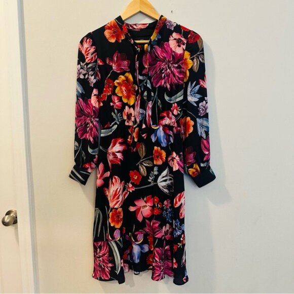 J.crew Tie-Neck Midi Dress Long Sleeve Midnight Dutch Floral Fit & Flare Size 2P - Picture 2 of 9